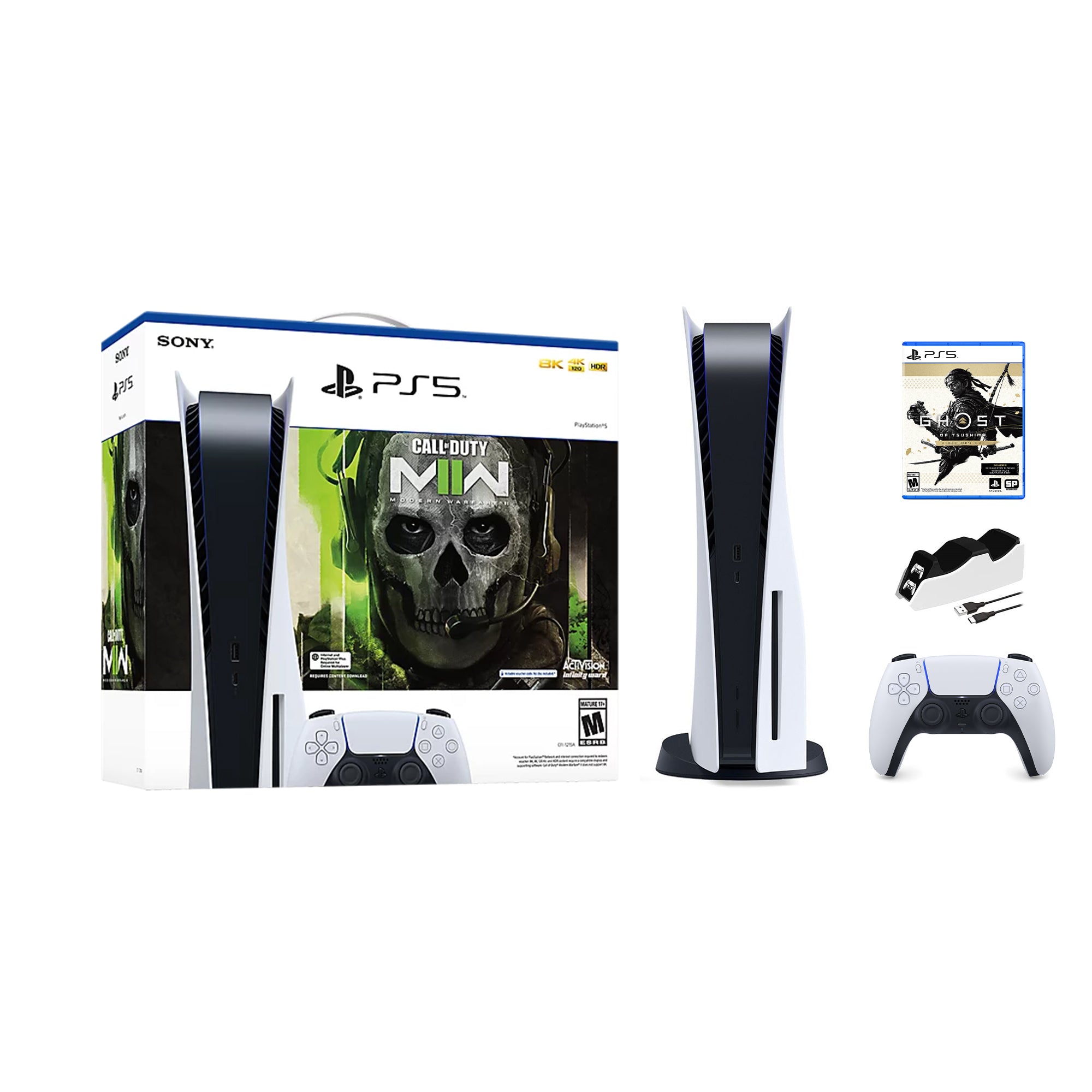 PlayStation 5 Disc Edition Call of Duty Modern Warfare II Bundle with Ghost of Tsushima Director's Cut and Mytrix Controller Charger PlayStation 5 Disc Edition Call of Duty Modern Warfare II Bundle with Ghost of Tsushima Director's Cut and Mytrix Controller Charger